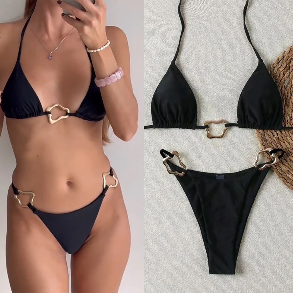 Sexy High Waist Black Bikini w/ Ring Accent – 2 Piece